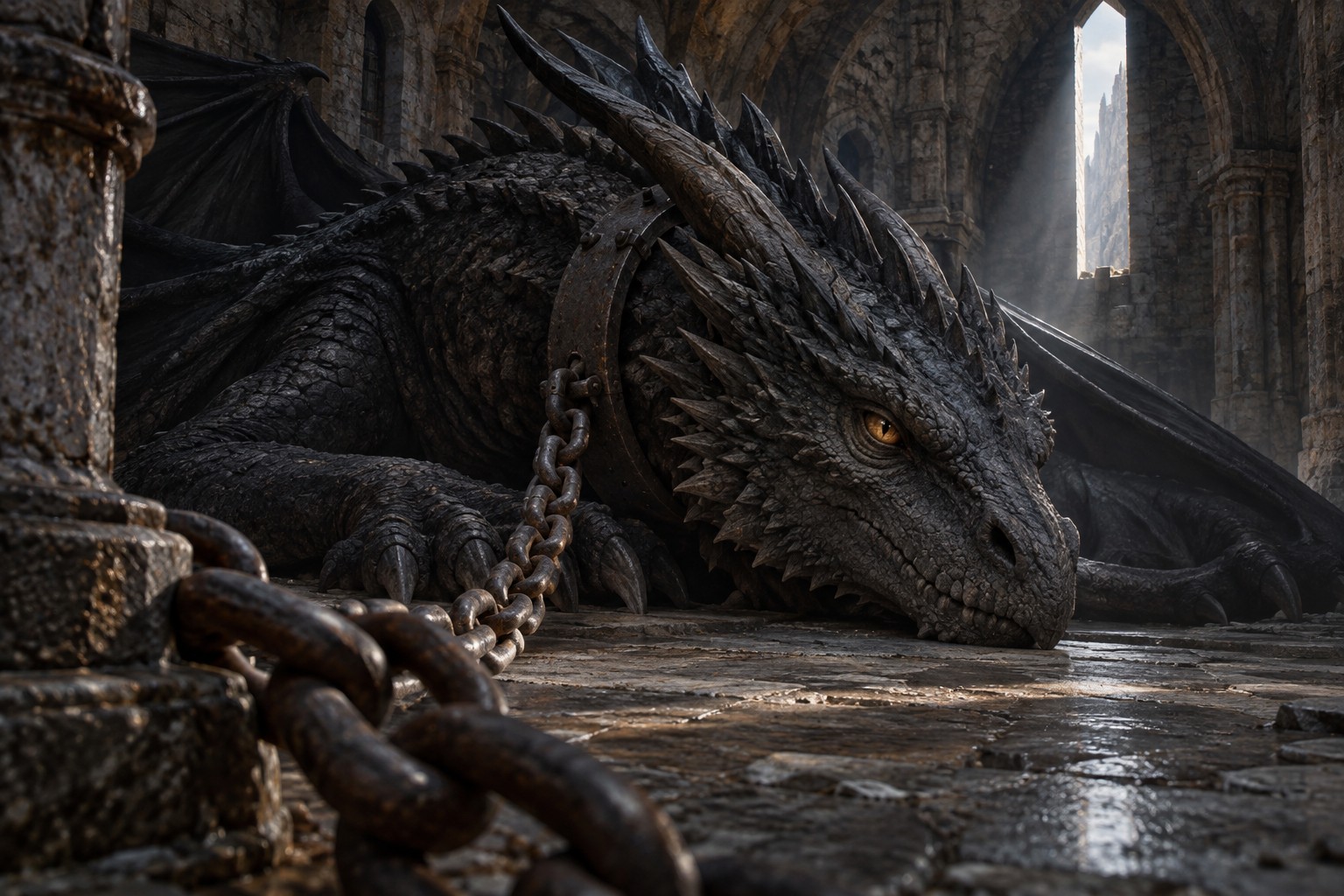 AI illustration of a black dragon chained inside a stone vault.
