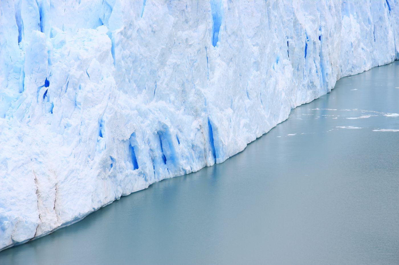 A sheer glacier face meeting water, illustrating the immense scale of an ice barrier.