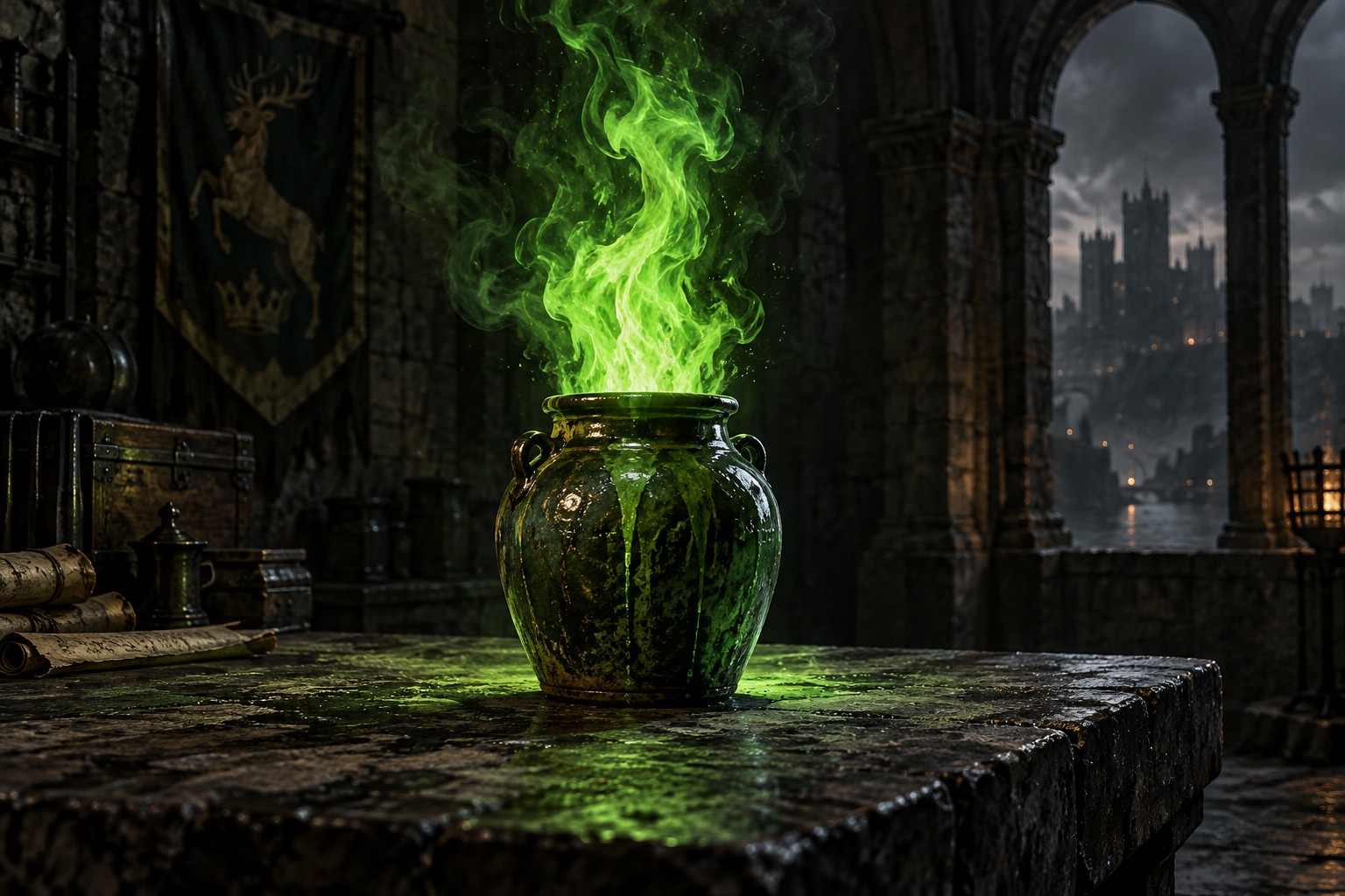 AI illustration of an earthenware jar spilling eerie green flame across dark stone.
